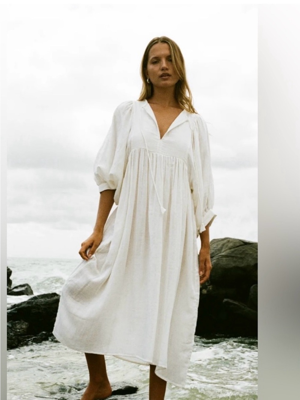 Daughters of India White V-Neck Midi Peasant Dress